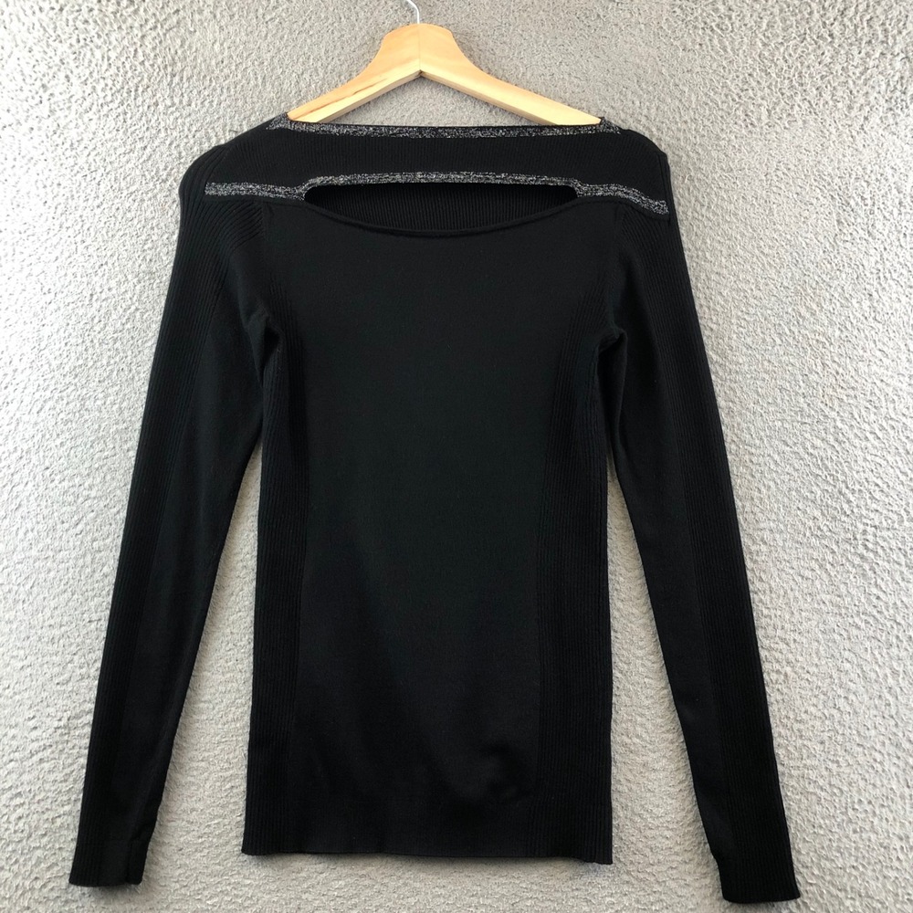 FRAME Denim Women's Black Long Sleeve Ribbed Knit Top with Cutout Detail S